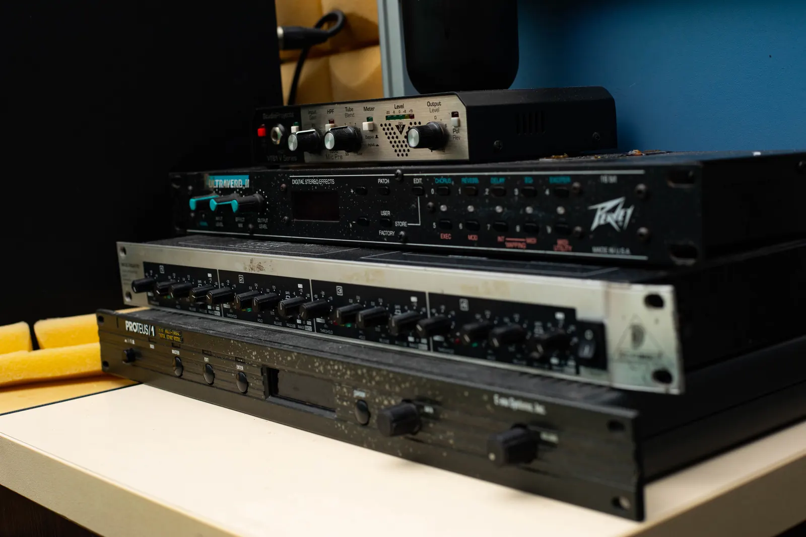 Outboard audio rack and keyboard in the SN7 studio.